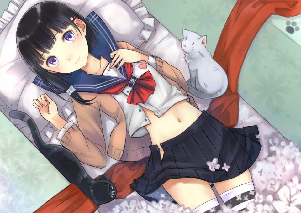 露脐 制服 絶対領域 Umasanjin 原创 动物 黑发 紫色眼