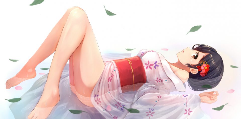 和服 浴衣 Kero 原创 裸足 黑发 棕色眼 花瓣