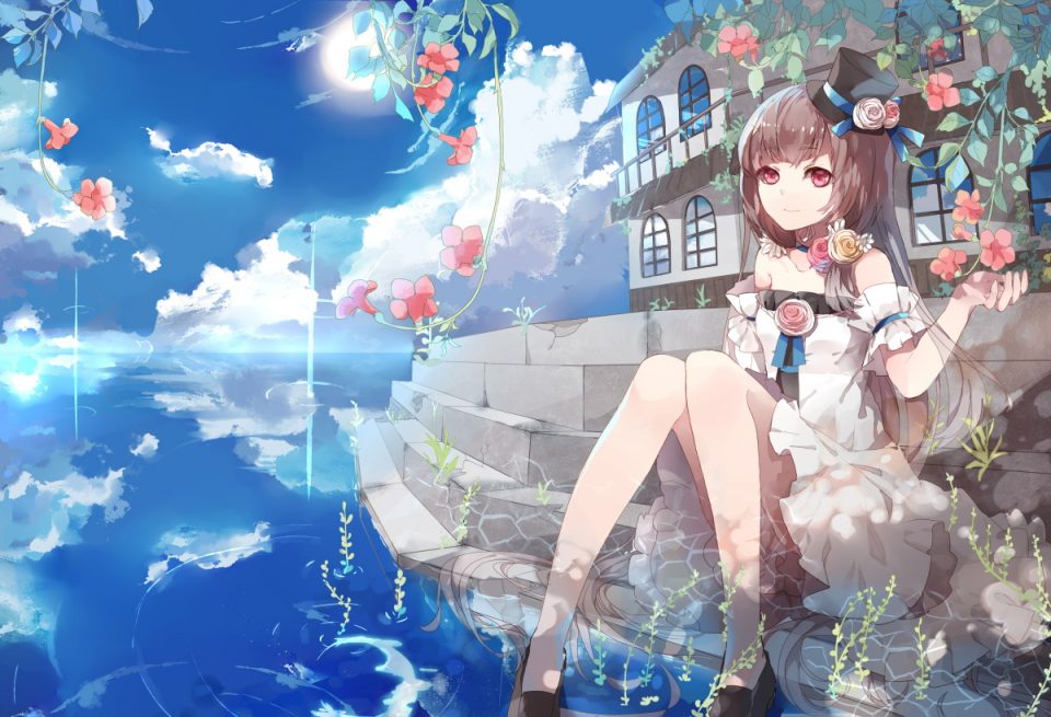 长发 Fre 原创 茶发 连衣裙 红色眼 天空