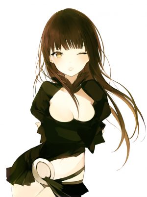 Lpip,原创,single,长发,長身像,视线正对,脸红,前发,breasts,開口,茶发,黄色眼,cleavage,长袖,挤眼,风