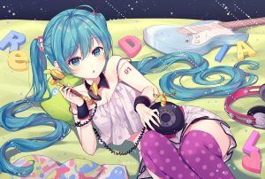 吉他,初音ミク,乐器,silltare,tattoo,黑丝,双马尾,VOCALOID,长发,短裙