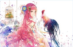 オリジナル,女の子,年賀状,尾長鶏,鳥籠,ピンク髪