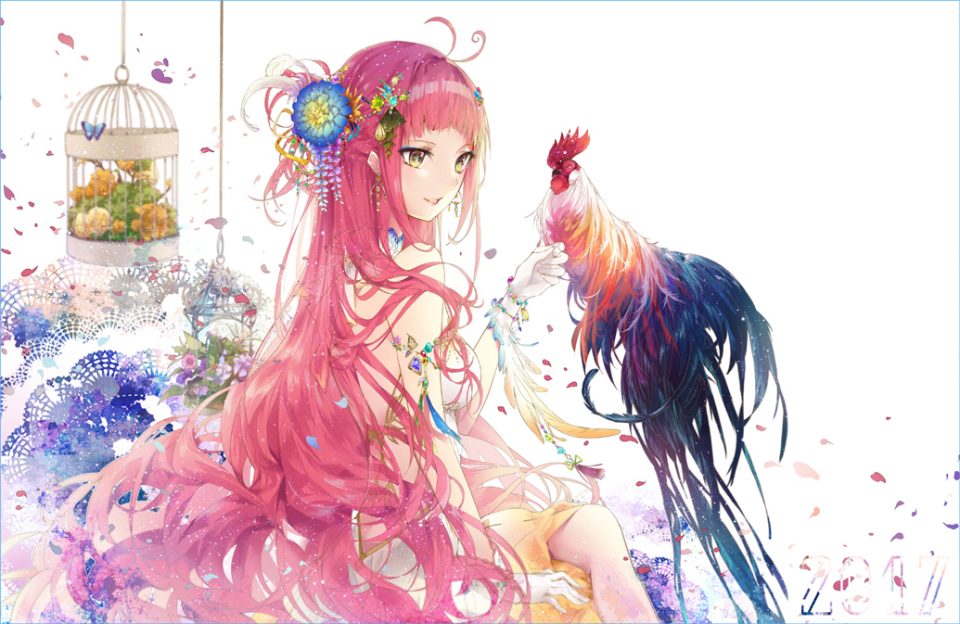 オリジナル 女の子 年賀状 尾長鶏 鳥籠 ピンク髪