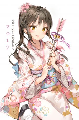 オリジナル,女の子,着物,謹賀新年,フラミンゴ,艶ぼくろ,破魔矢,ポニーテール,美少女