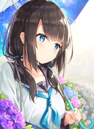 オリジナル,女の子,女子高生,梅雨,おさげ,雨傘,紫陽花,碧眼,セーラー服