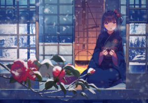 オリジナル,女の子,正月,椿の花,着物,縁側,雪景色,囲炉裏