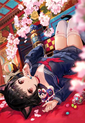 オリジナル,女の子,レトロ,セーラー服,猫耳,桜の花,猫耳娘,ボブカット,ドロップ