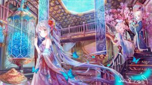 VOCALOID,桜えび,初音ミク,背景,蝶,鏡音リン,花,鏡音レン