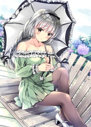 オリジナル,梅雨,紫陽花,パンスト,三つ編み,銀髪,シアータイツ