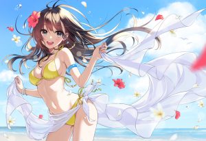 オリジナル,女の子,水着,ロングヘアー,黄色ビキニ,ハイビスカス,パレオ,蒼空,吸い込まれそうな瞳