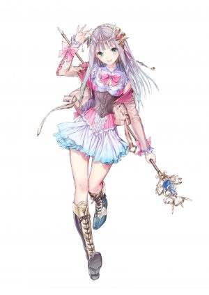 アトリエシリーズ,atelier_lulua,GUST社,エルメルリア・フリクセル,岸田メル,长发,single,長身像,视线正对,開いた口,碧眼,前发,笑顔,白背景,holding,cleavage