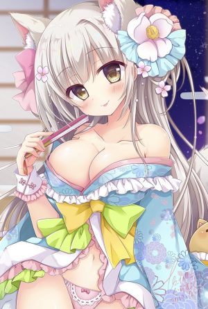 原创,picpicgram,兽耳,前发,露肩,脸红,胸部,cleavage,连衣裙,发饰,和服,巨乳,长发,长袖,视线正对,露脐,胖次,银发,坐姿,天空,笑顔,single,下着,黄色眼