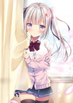 原创,しばいぬ_にき,黑丝,脸红,bra,胸部,cleavage,衬衫,发饰,长发,长袖,花瓣,紫色眼,缎带,短裙,笑顔,single,双马尾,下着