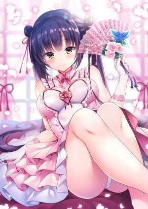 オリジナル,透月ハジメ,長髪,ソロ,長身像,赤面,カメラ目線,light_erotic,乳房,前髪,笑顔,ツインテール,座る,purple_hair,holding,payot,bare_legs,pantyshot,blunt_bangs,sleeveless