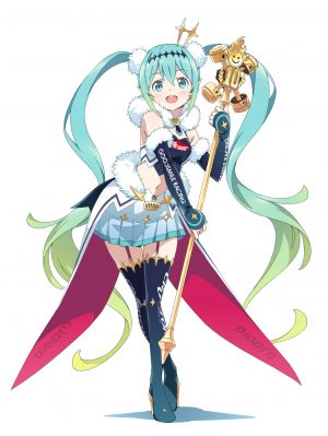 初音ミク,赛车初音,織田広之,前发,長手袋,全身,手套,绿发,发饰,holding,长发,视线正对,開いた口,短裙,笑顔,single,黑丝,双马尾,VOCALOID