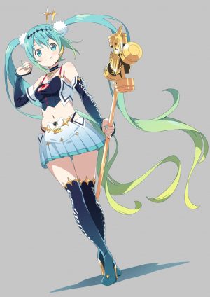 初音ミク,赛车初音,織田広之,露肩,脸红,胸部,全身,绿发,发饰,长发,视线正对,露脐,阴影,短裙,笑顔,single,黑丝,双马尾,VOCALOID,絶対領域