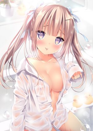 原创,しばいぬ_にき,前发,脸红,胸部,茶发,バブル,cleavage,衬衫,发饰,长发,长袖,视线正对,紫色眼,笑顔,single,双马尾