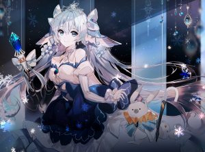 VOCALOID,初音ミク,雪ミク,雪音,naru,长发,single,视线正对,前发,笑顔,双马尾,露肩,兽耳,holding,少女