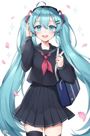 ボーカロイド,初音ミク,pong,ソロ,長身像,赤面,カメラ目線,開いた口,前髪,simple_background,笑顔,白背景,ツインテール,standing,hair_between_eyes,signed,very_long_hair,アホ毛,aqua_eyes,pleated_skirt