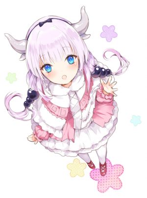 小林さんちのメイドラゴン,京都アニメーション,康娜,きのこ姫,長髪,ソロ,長身像,赤面,カメラ目線,開いた口,青い目,前髪,白背景,ツインテール,紫发,全身,角,おさげ,cute