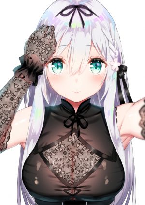 バーチャルyoutuber,kinu_channel,紙木　絹,やすゆき,長髪,ソロ,長身像,赤面,カメラ目線,乳房,前髪,笑顔,白背景,緑の目,大きな乳房,銀髪,三つ編み