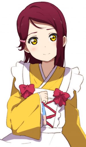 桜内梨子,LoveLive!Sunshine!!,icehotmilktea,围裙,发饰,和服,长发,长袖,视线正对,LoveLive!,single,和服女仆,白背景,黄色眼