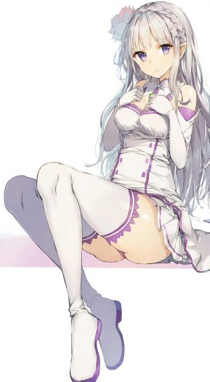 从零开始的异世界生活,Emilia,璃独楽,长发,single,長身像,视线正对,胸部,前发,白背景,紫色眼,露肩,坐姿,holding,银发