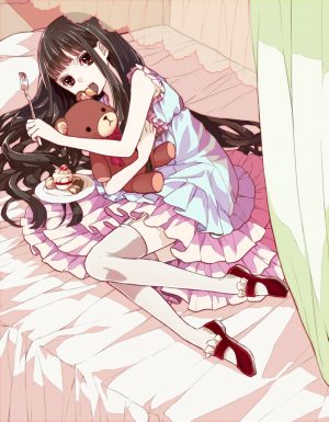 オリジナル,長髪,ソロ,長身像,カメラ目線,黒髪,棕色眼,holding,横臥,直刘海