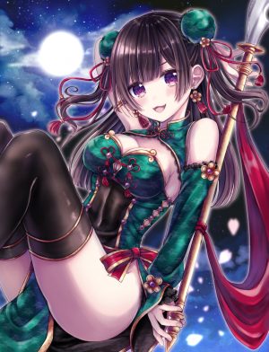 sangokushi_taisen,mitoki,single,长发,長身像,脸红,视线正对,前发,胸部,開いた口,黑发,笑顔,巨乳,紫色眼,cleavage,传统服装