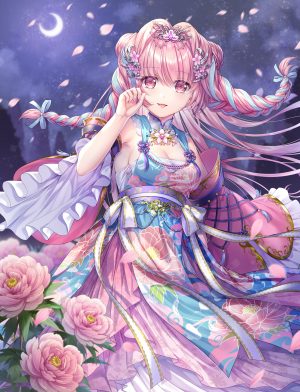 sangokushi_taisen,kudo_kunugi,single,长发,長身像,脸红,视线正对,前发,胸部,開いた口,笑顔,粉发,cleavage,传统服装