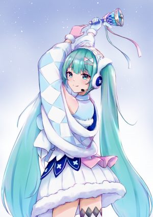 初音ミク,魔法未来演唱会,VOCALOID,铃,连衣裙,发饰,holding,长发,视线正对,回头看,笑顔,single,黑丝,双马尾,超长发