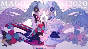 cherico,初音ミク,VOCALOID,碧眼,青发,手套,和服,萝裙,长发,双马尾,aliasing,魔法未来演唱会,signed