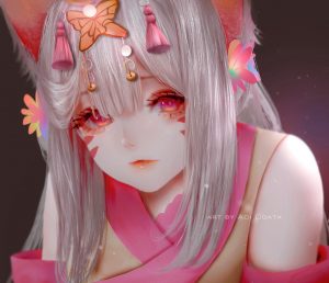 原创,AoiOgata,兽耳,前发,露肩,铃,发饰,和服,长发,视线正对,红色眼,single