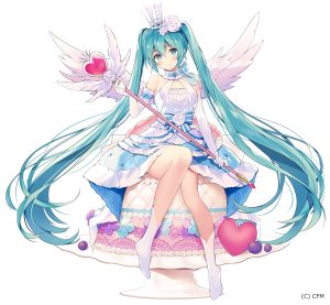 VOCALOID,crypton_future_media,初音ミク,necömi,single,长发,脸红,视线正对,前发,笑顔,白背景,双马尾,露肩,坐姿,holding,全身