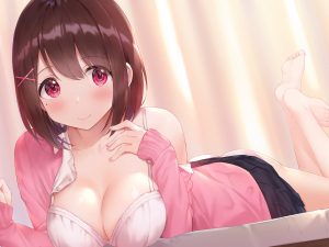 白玉あかね,原创,裸足,脸红,bra,breast_hold,胸部,茶发,cleavage,胖次,红色眼,短发,短裙,下着