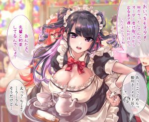 shashaki,原创,围裙,前发,黑发,胸部,cleavage,连衣裙,holding,长发,女仆,開いた口,紫色眼,紫发,学校制服,短发,毛巾,双马尾