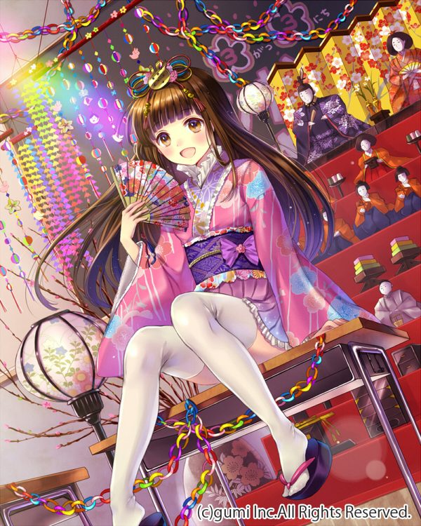 Hanekoto Hinamatsuri 脸红 棕色眼 茶发 和服 ランターン 长发