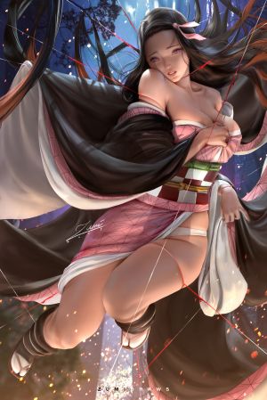 鬼灭之刃,ufotable,灶门祢豆子,zumi,single,长发,長身像,视线正对,胸部,黑发,巨乳,露肩,紫色眼,holding,cleavage,全身