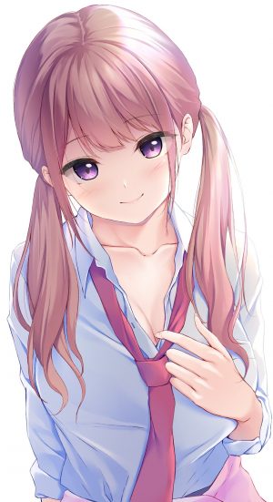 原创,pasdar,脸红,胸部,茶发,cleavage,衬衫,紫色眼,学校制服,笑顔,single,白背景