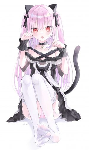 潤羽るしあ,Hololive,兽耳,连衣裙,哥特式洛丽塔,萝裙,猫耳,胖次,掀裙,Stockings,黑丝