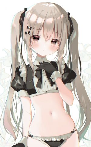 しらたま,原创,前发,脸红,棕色眼,茶发,手套,长发,视线正对,露脐,胖次,衬衫,single,双马尾,下着,超长发,白背景