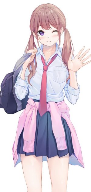 原创,pasdar,脸红,胸部,茶发,cleavage,衬衫,紫色眼,学校制服,短裙,笑顔,single,双马尾,白背景