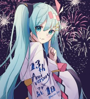 初音ミク,魔法未来演唱会,VOCALOID,前发,脸红,绿色眼,绿发,发饰,和服,长发,长袖,天空,笑顔,single,双马尾,超长发